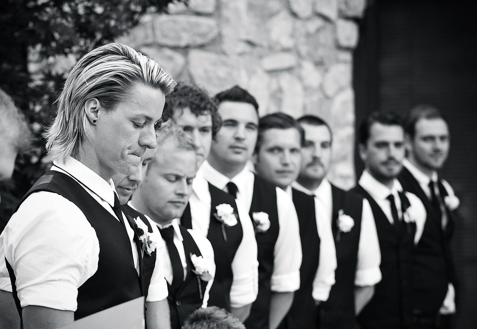 men-groom-ushers-line-ceremony-branson-missouri-weddings-black-white-07